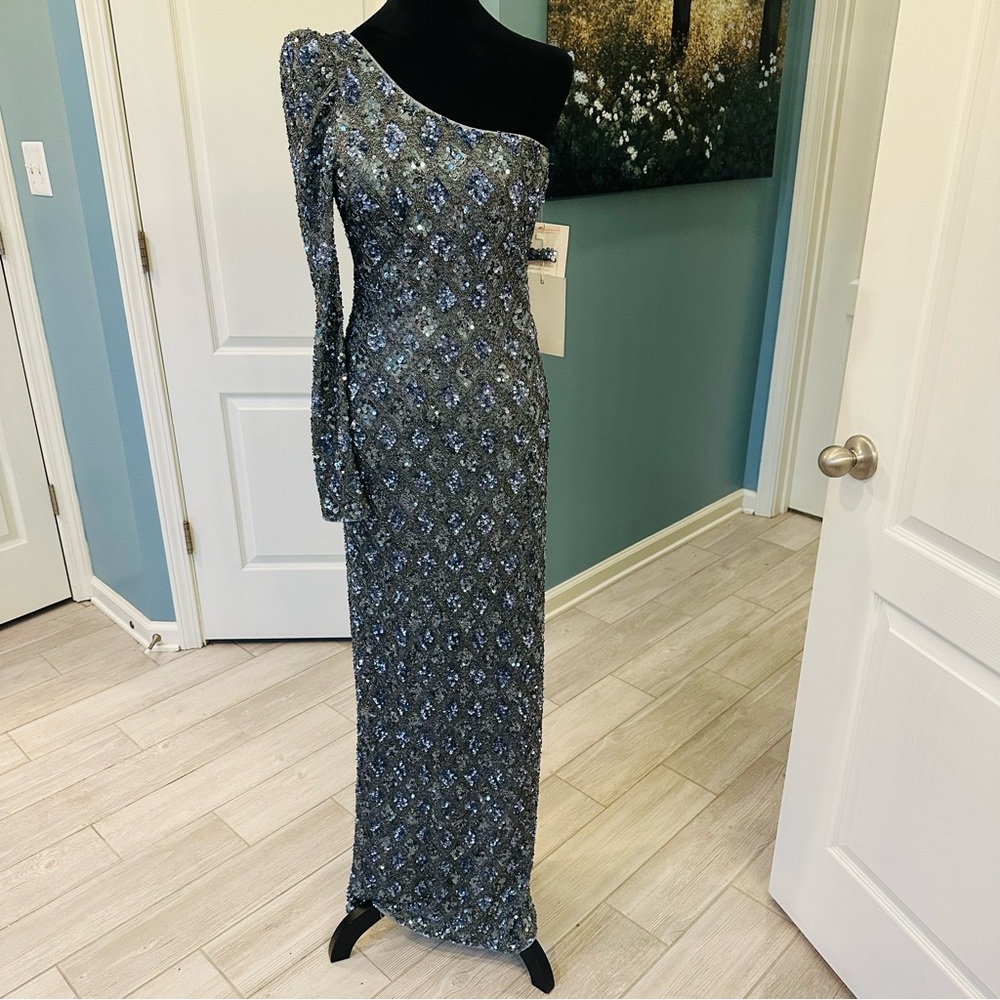 NWT Mac Duggal Sz 6 5479 Embellished One Shoulder Asymmetrical Gown Slate $798 - Picture 7 of 17